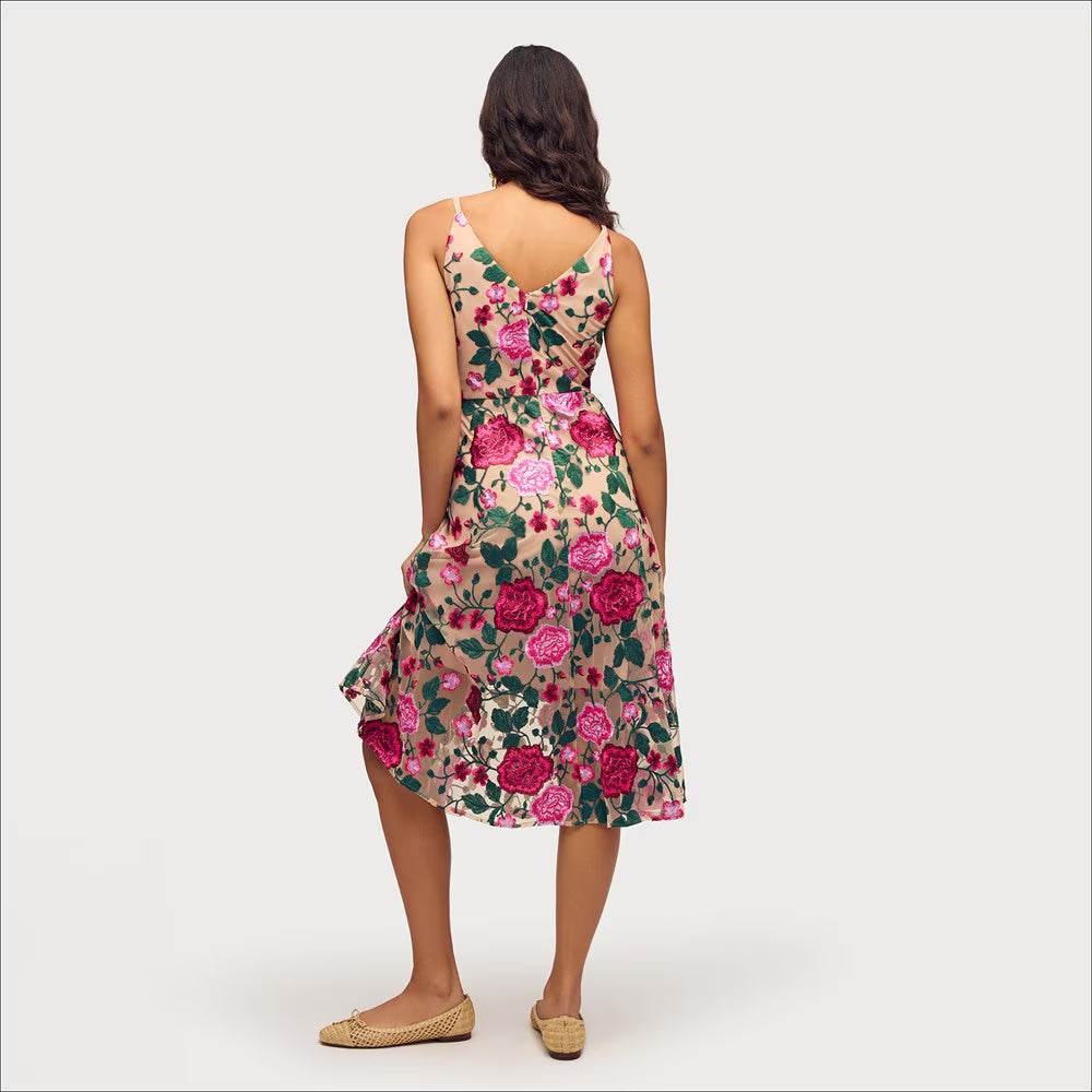 Pink Rose Embroidery V-neck Midi Dress