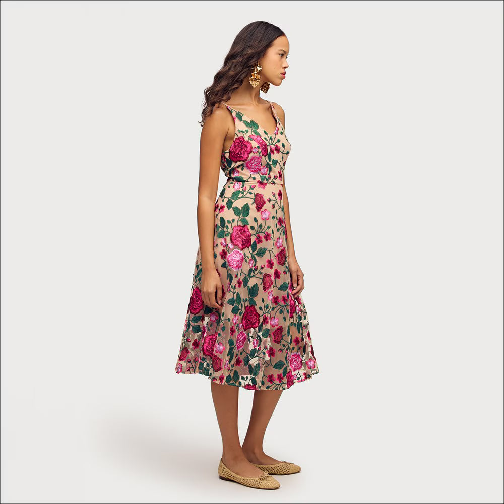 Pink Rose Embroidery V-neck Midi Dress