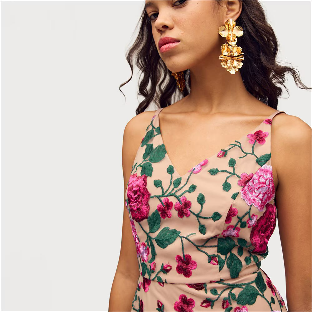 Pink Rose Embroidery V-neck Midi Dress