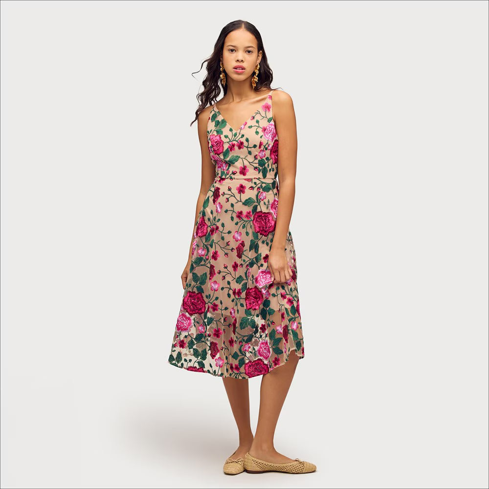 Pink Rose Embroidery V-neck Midi Dress