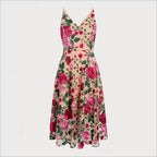 Pink Rose Embroidery V-neck Midi Dress