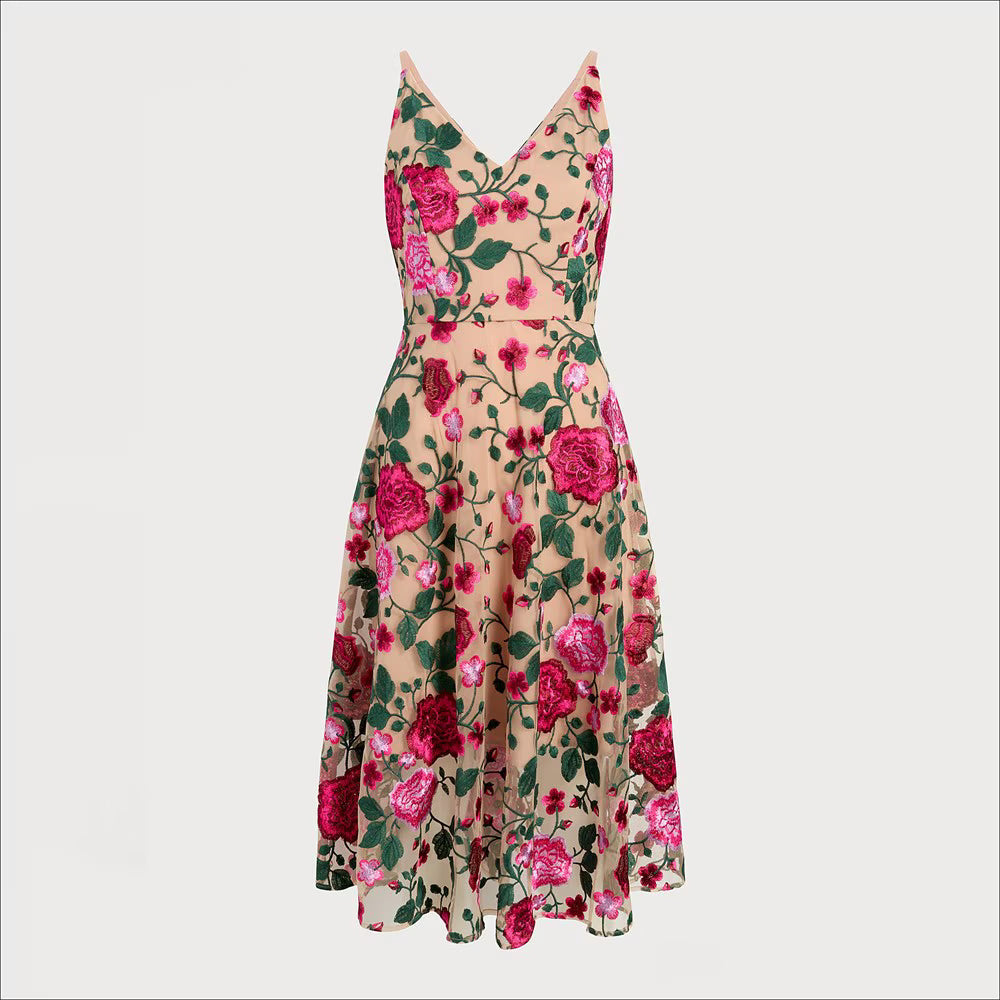Pink Rose Embroidery V-neck Midi Dress