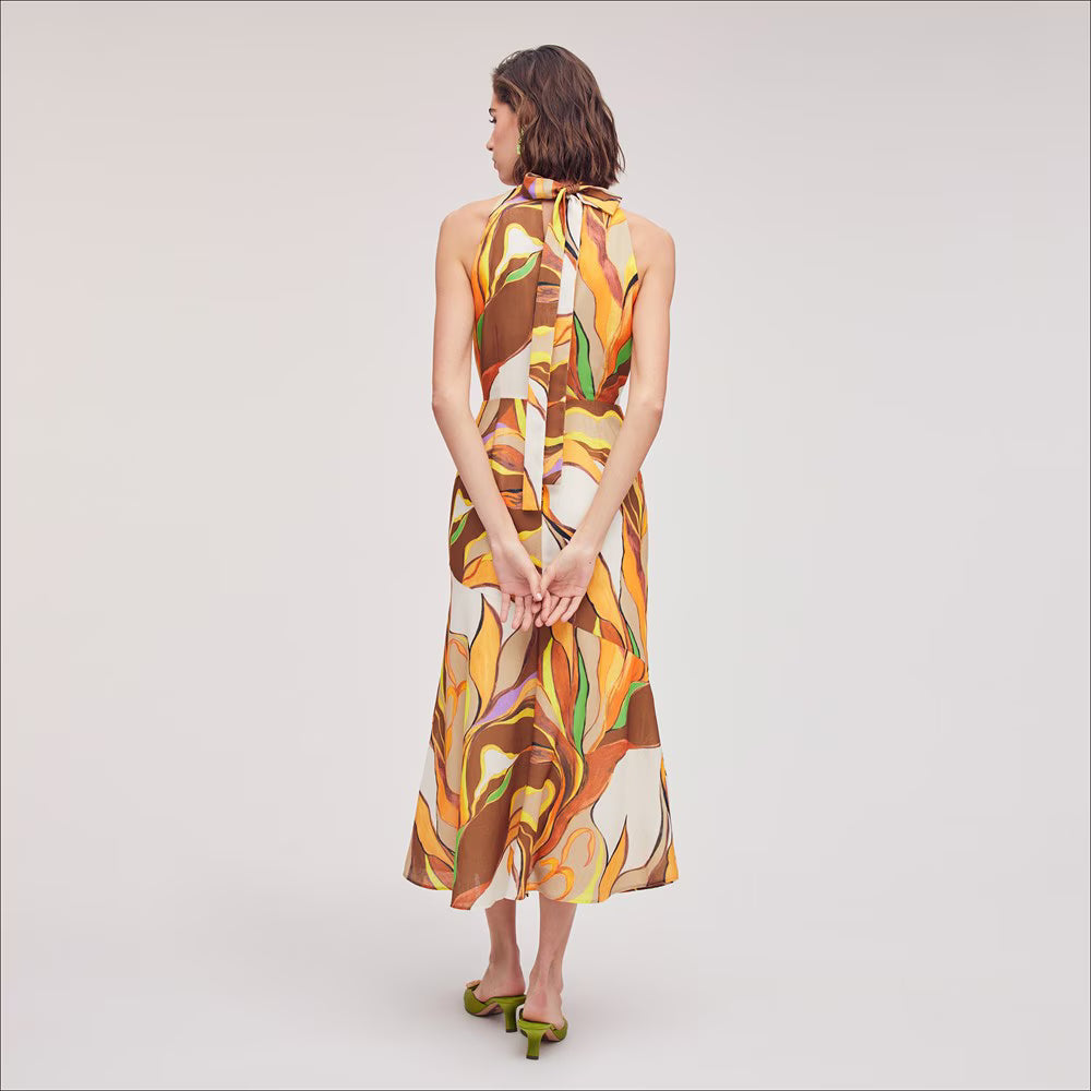 Printed Palm High Neck Midi Dress