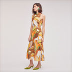 Printed Palm High Neck Midi Dress