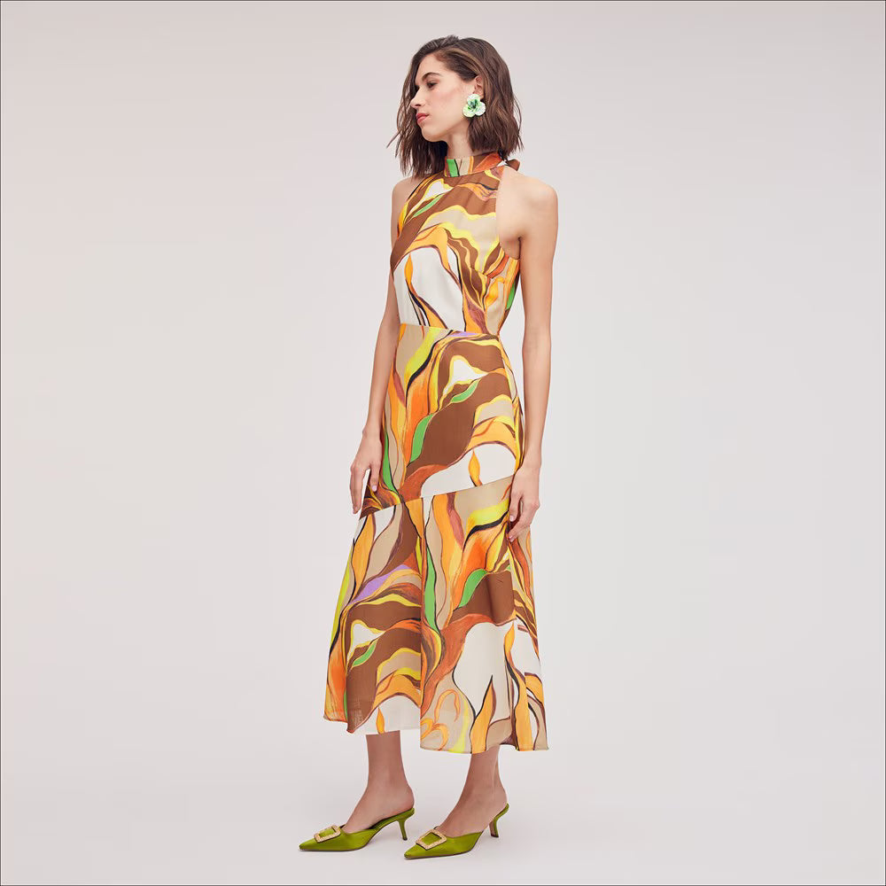 Printed Palm High Neck Midi Dress