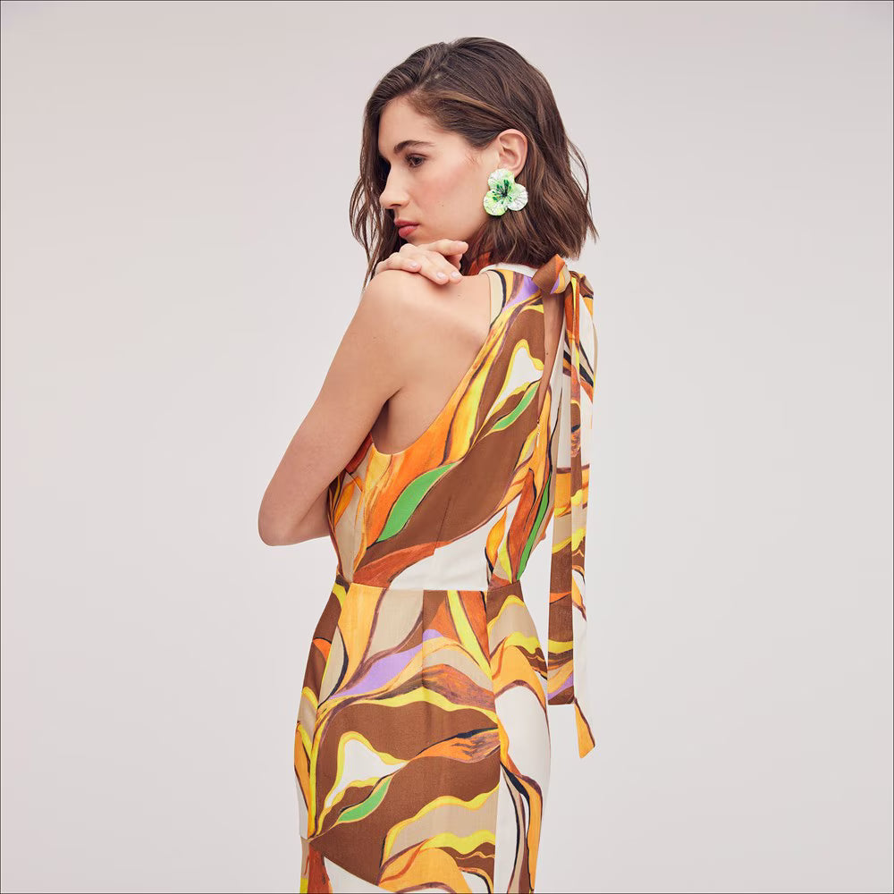 Printed Palm High Neck Midi Dress