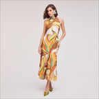 Printed Palm High Neck Midi Dress