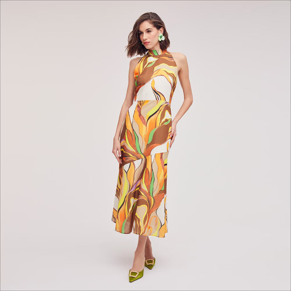 Printed Palm High Neck Midi Dress