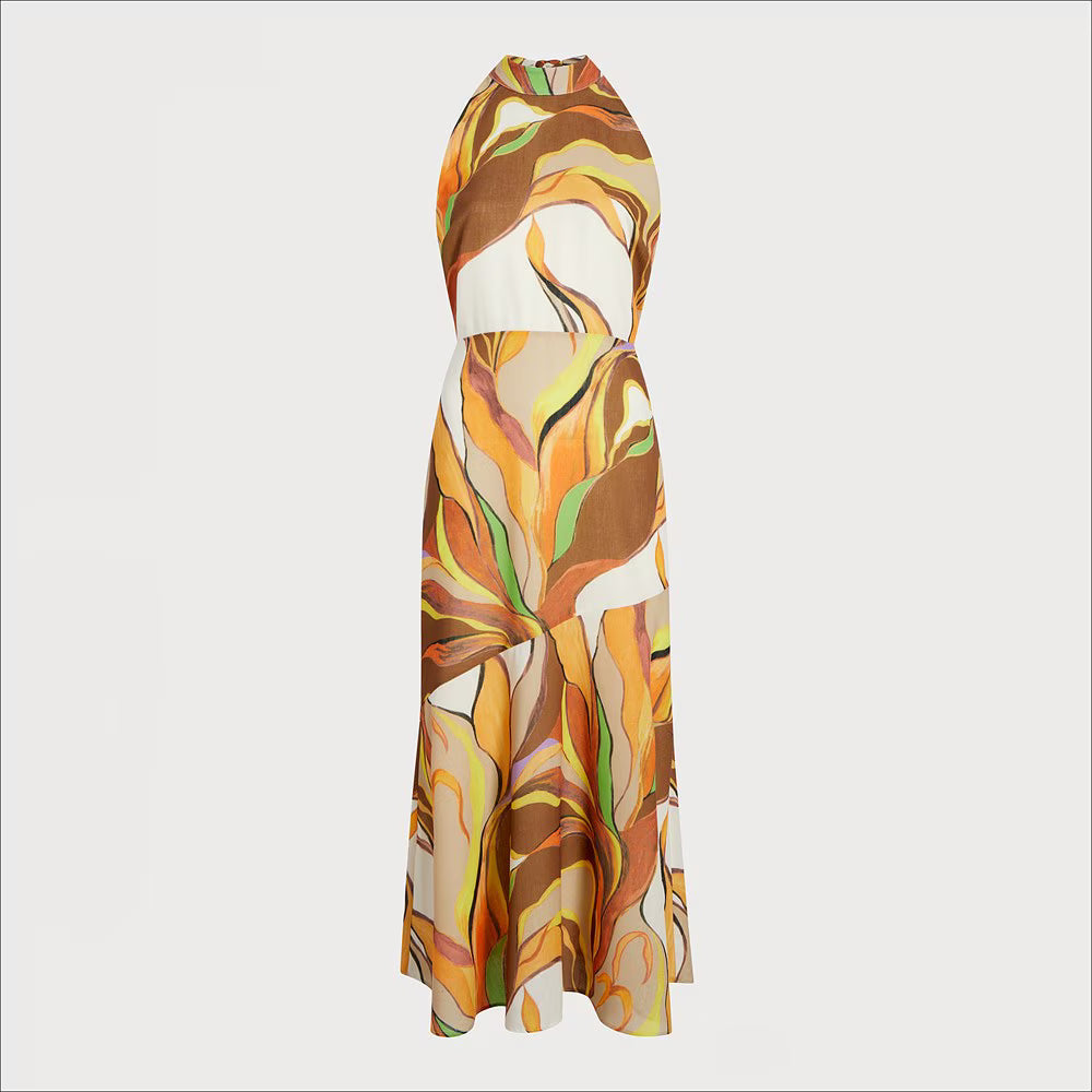 Printed Palm High Neck Midi Dress